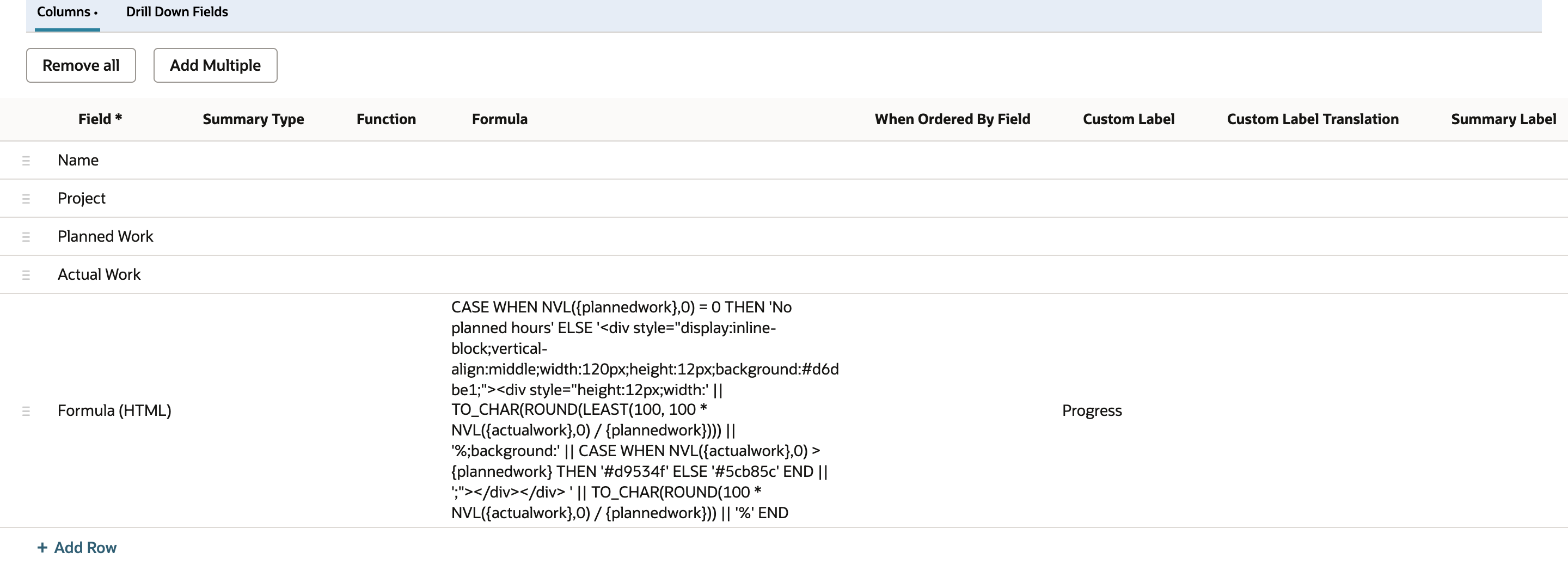 The Columns sublist after Add. Below Name, Project, Planned Work, and Actual Work, a new row shows Formula (HTML), the full formula, and the custom label Progress.