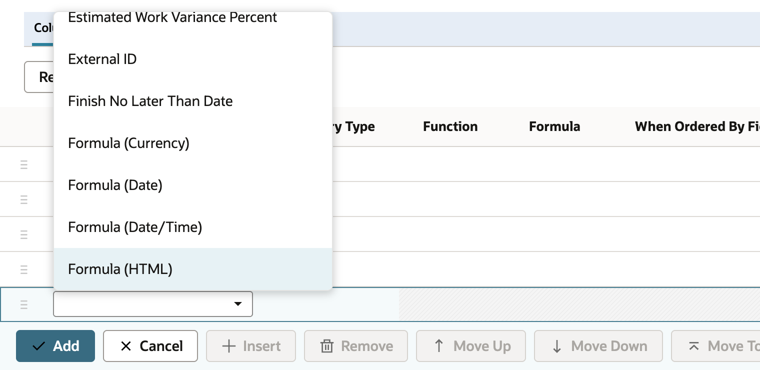 The Field list open on a new Columns row, showing Formula (Currency), Formula (Date), Formula (Date/Time), and Formula (HTML). An arrow points to Formula (HTML).