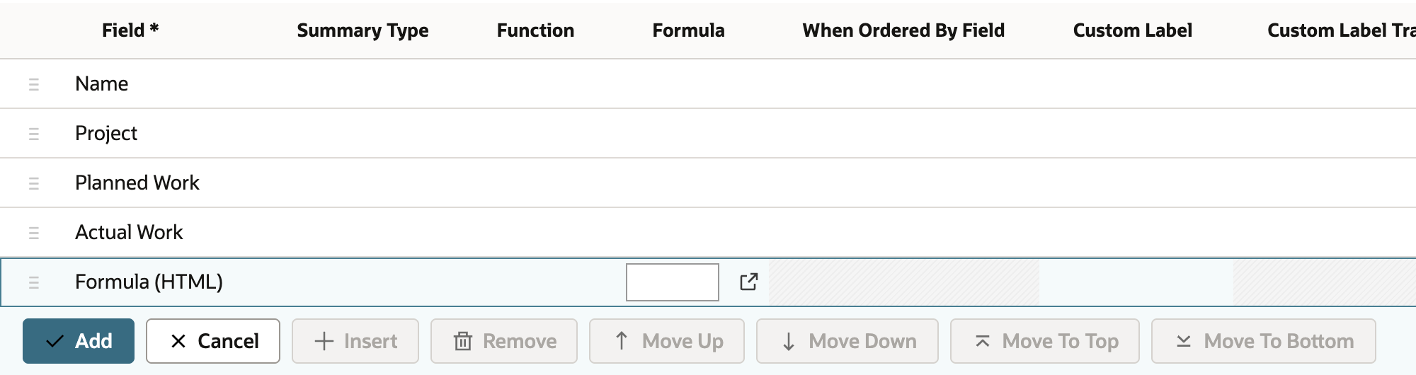 The Columns sublist with a new Formula (HTML) row. Its Formula cell is empty, and an arrow points to the button beside it.
