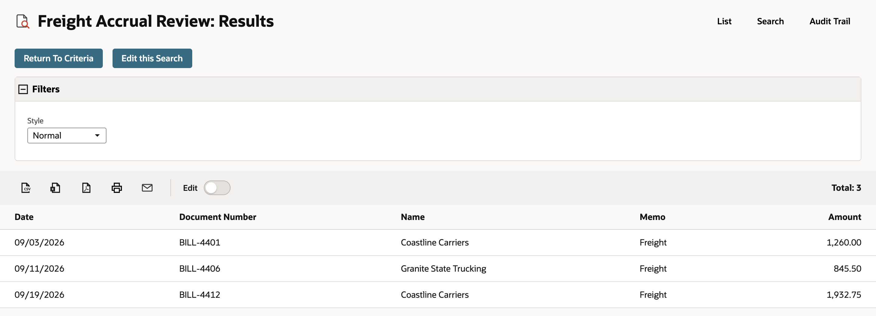 Freight Accrual Review: Results with Return To Criteria and Edit this Search buttons, Total: 3, and bills BILL-4401, BILL-4406, and BILL-4412 for Coastline Carriers and Granite State Trucking.
