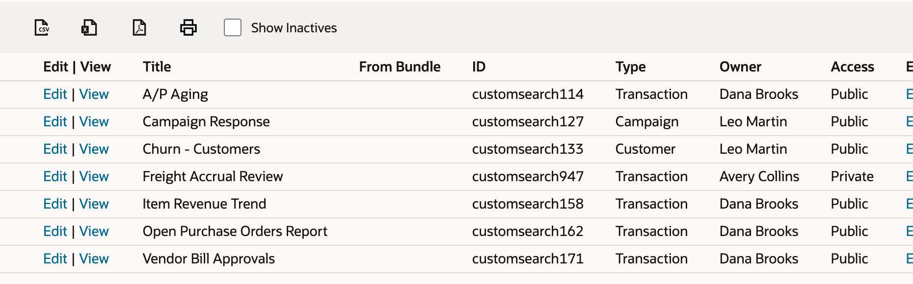 The Saved Searches list with seven searches. The Freight Accrual Review row shows customsearch947, Transaction, Avery Collins, and Private, with an arrow pointing to its Edit link.
