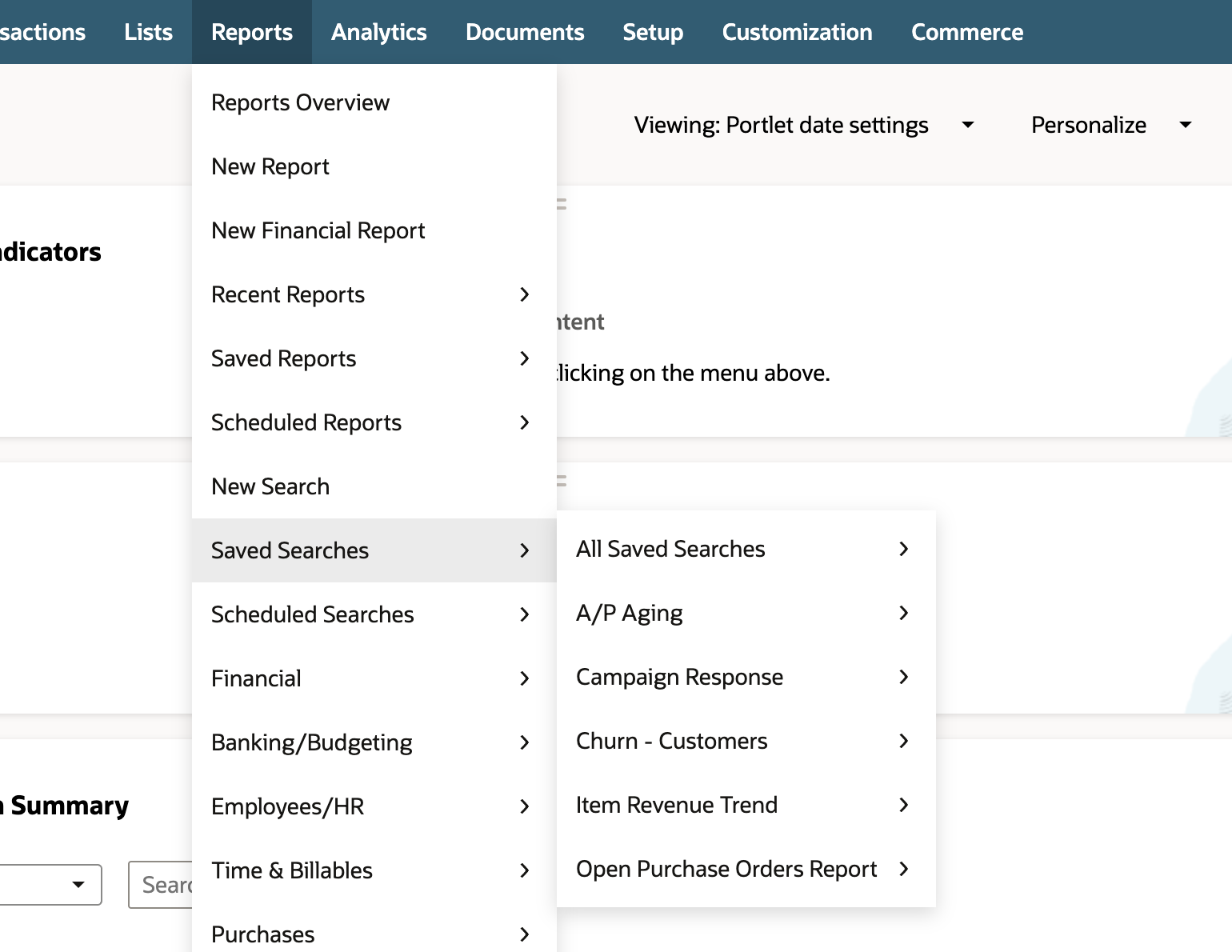 Reports > Saved Searches is open on the Home page and lists All Saved Searches, A/P Aging, Campaign Response, Churn - Customers, Item Revenue Trend, and Open Purchase Orders Report. Freight Accrual Review is not listed.