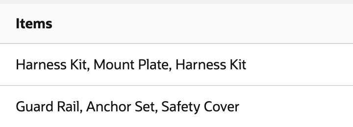 The saved Items column shows Harness Kit, Mount Plate, Harness Kit and the second order's three items.