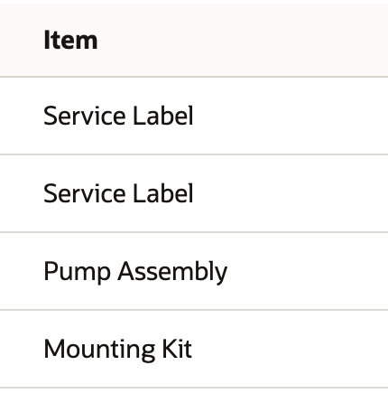 The saved order retains two Service Label lines, Pump Assembly and Mounting Kit.