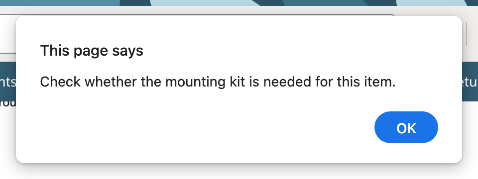 The target item displays an informational browser-alert stand-in. OK dismisses the message.