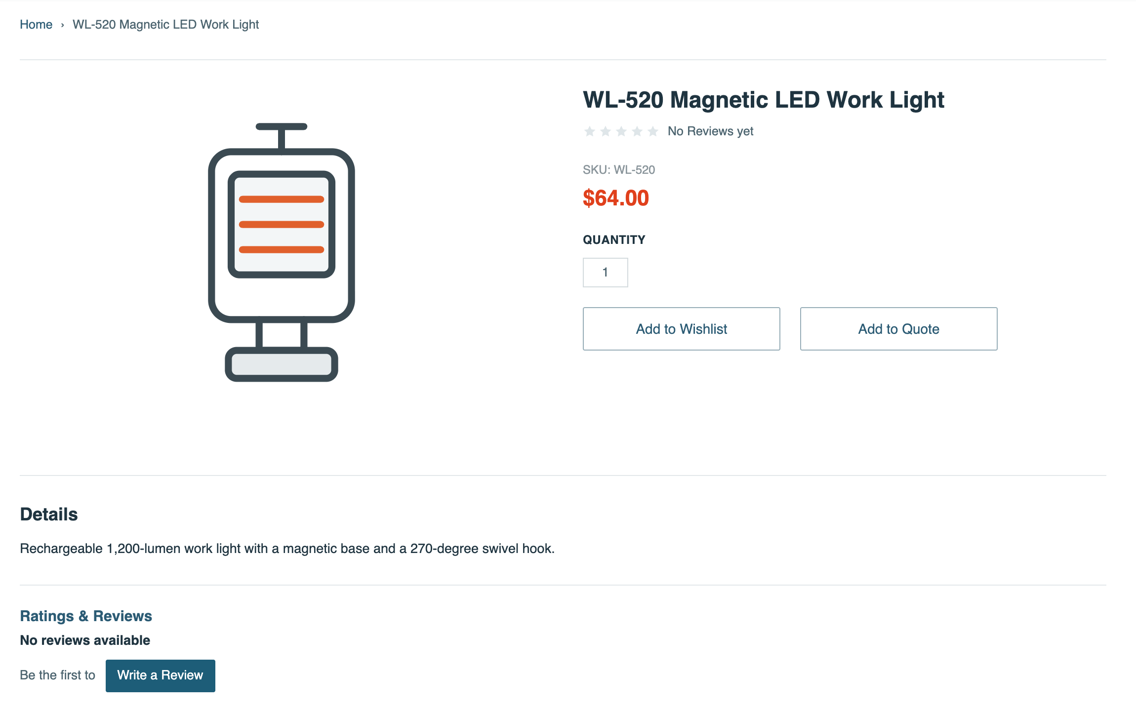 The WL-520 Magnetic LED Work Light product page with SKU WL-520, $64.00, quantity 1, Add to Wishlist and Add to Quote buttons but no Add to Cart, and the product description under Details.