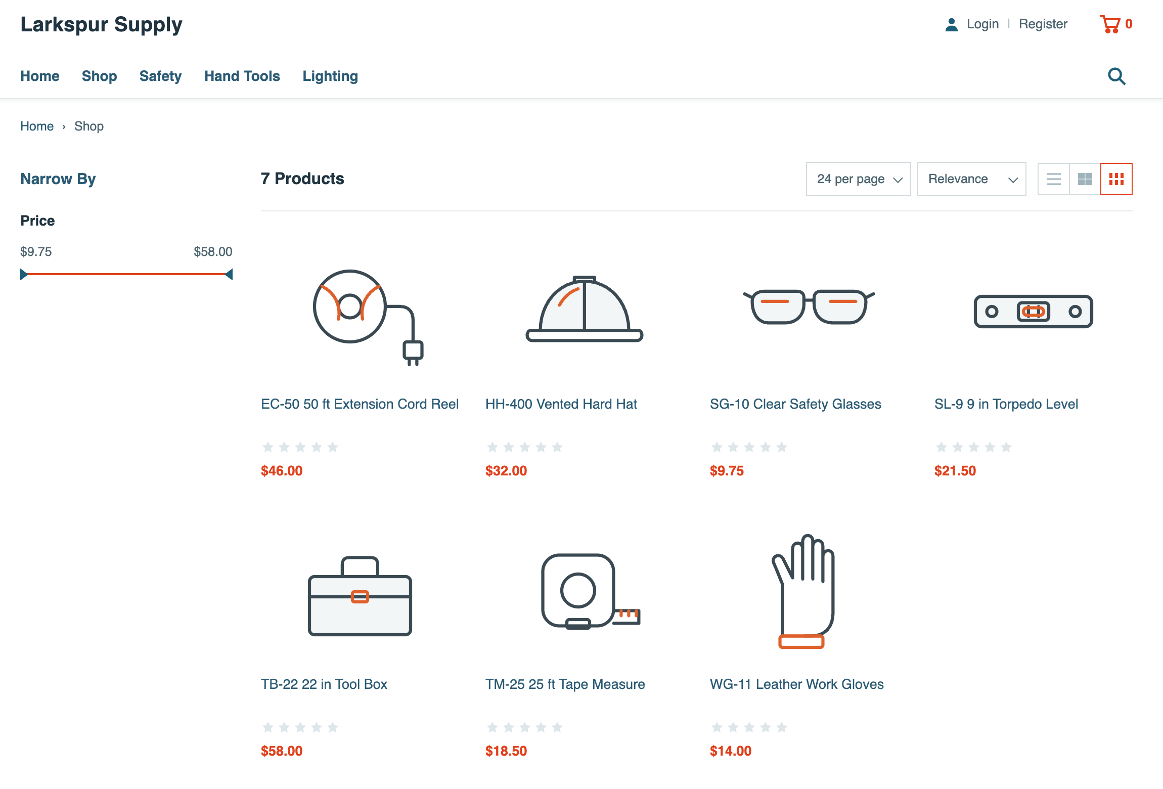 The Larkspur Supply Shop page listing 7 Products: an extension cord reel, hard hat, safety glasses, torpedo level, tool box, tape measure and work gloves. No work light.