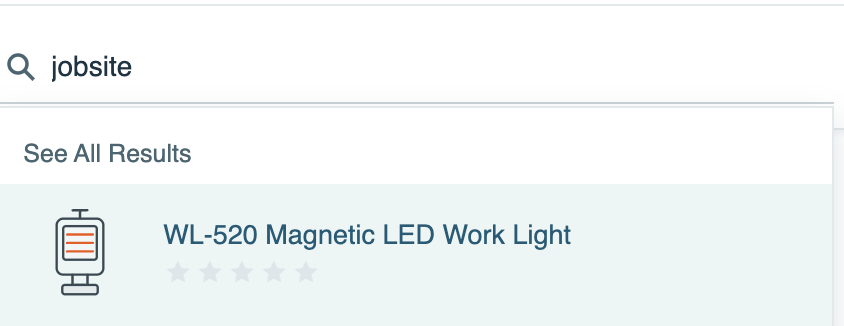 The storefront search with jobsite typed, and the typeahead showing See All Results and one suggestion, WL-520 Magnetic LED Work Light.