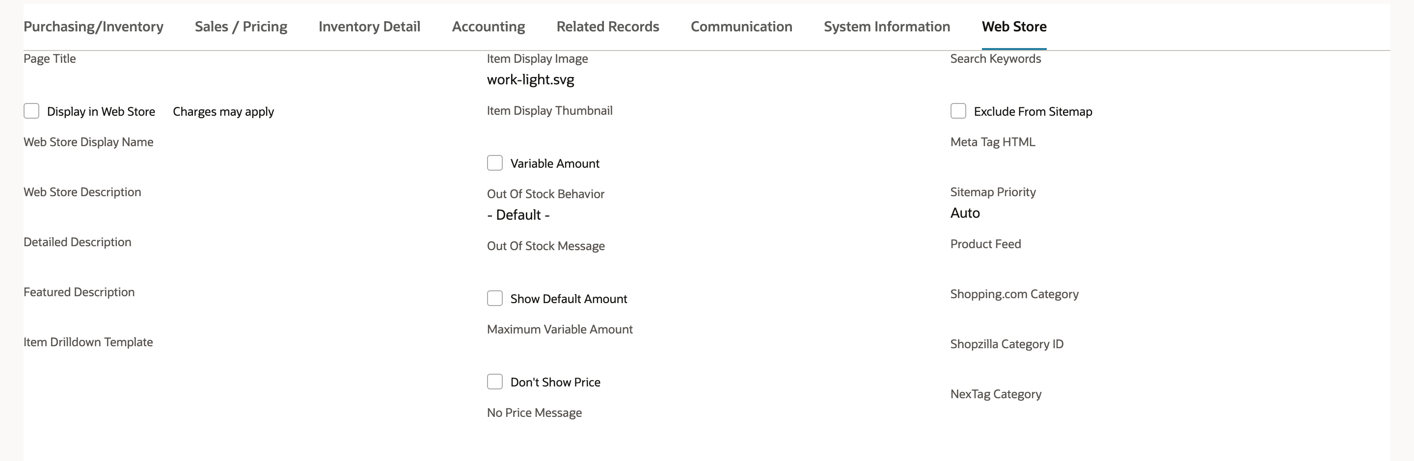 The Web Store subtab in view mode with Display in Web Store unchecked, empty Web Store Display Name, Detailed Description and Search Keywords, and Out Of Stock Behavior - Default -.