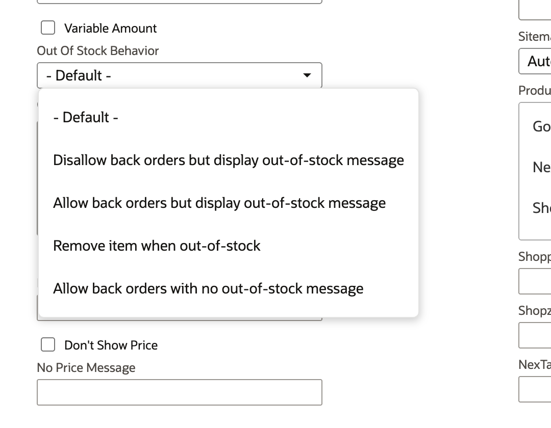 The Out Of Stock Behavior dropdown open, listing - Default -, Disallow back orders but display out-of-stock message, Allow back orders but display out-of-stock message, Remove item when out-of-stock, and Allow back orders with no out-of-stock message.