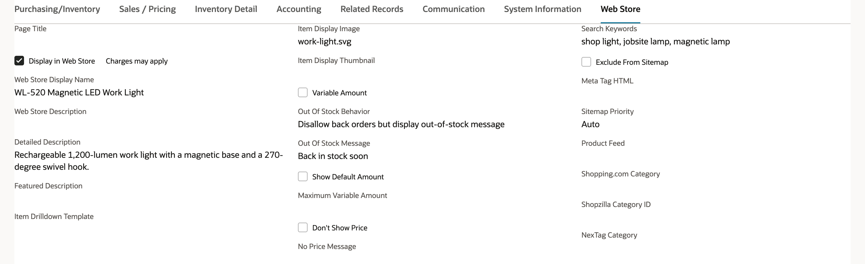 The saved Web Store subtab with Display in Web Store checked, Web Store Display Name WL-520 Magnetic LED Work Light, the Detailed Description, Out Of Stock Behavior Disallow back orders but display out-of-stock message, Out Of Stock Message Back in stock soon, and the search keywords.