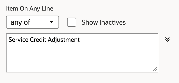 The Item On Any Line popup contains the resolved Service Credit Adjustment item.