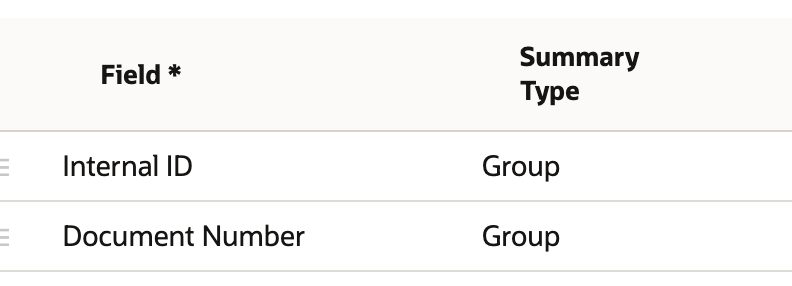 Results columns Internal ID and Document Number both have Summary Type Group.