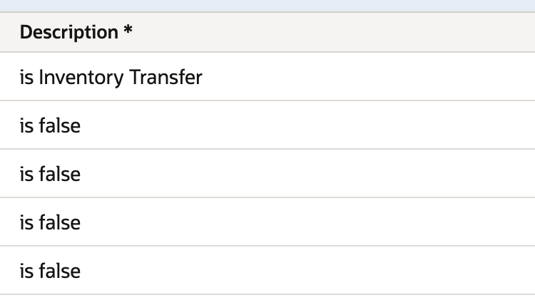 Criteria descriptions: Inventory Transfer, followed by four false values.