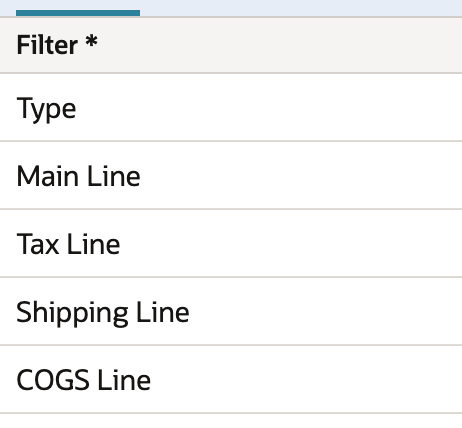 Criteria field names: Type, Main Line, Tax Line, Shipping Line, COGS Line.
