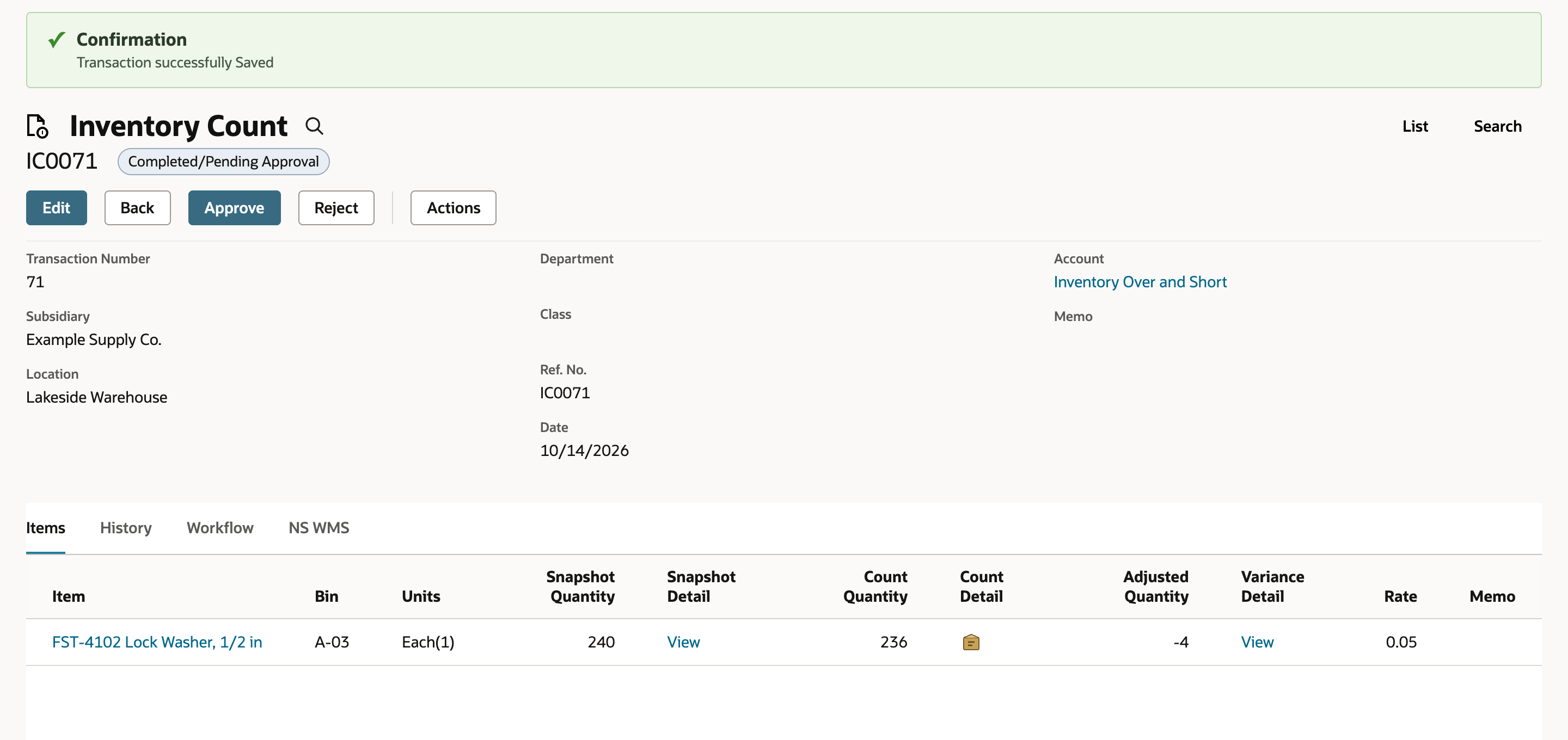 NetSuite inventory count IC0071 with status Completed/Pending Approval and a line showing Snapshot Quantity 240, Count Quantity 236 and Adjusted Quantity -4