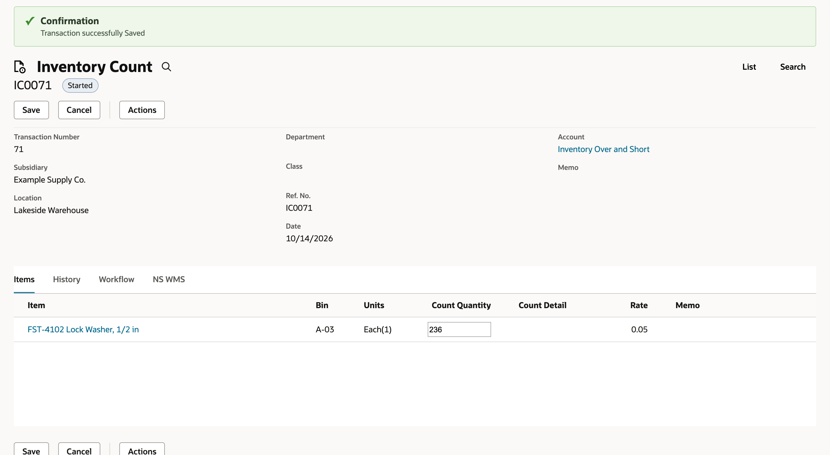 NetSuite Started inventory count IC0071 in edit mode with 236 entered in Count Quantity for FST-4102
