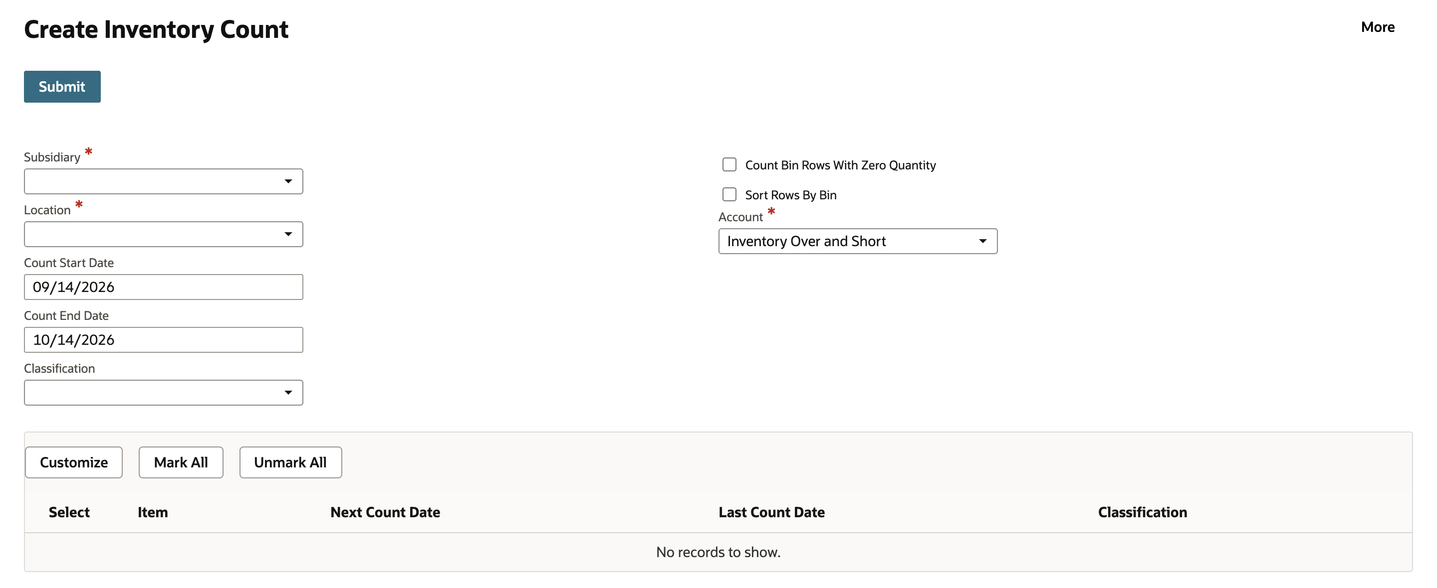 NetSuite Create Inventory Count with the Customize, Mark All and Unmark All buttons and an item list with Select, Item, Next Count Date, Last Count Date and Classification columns