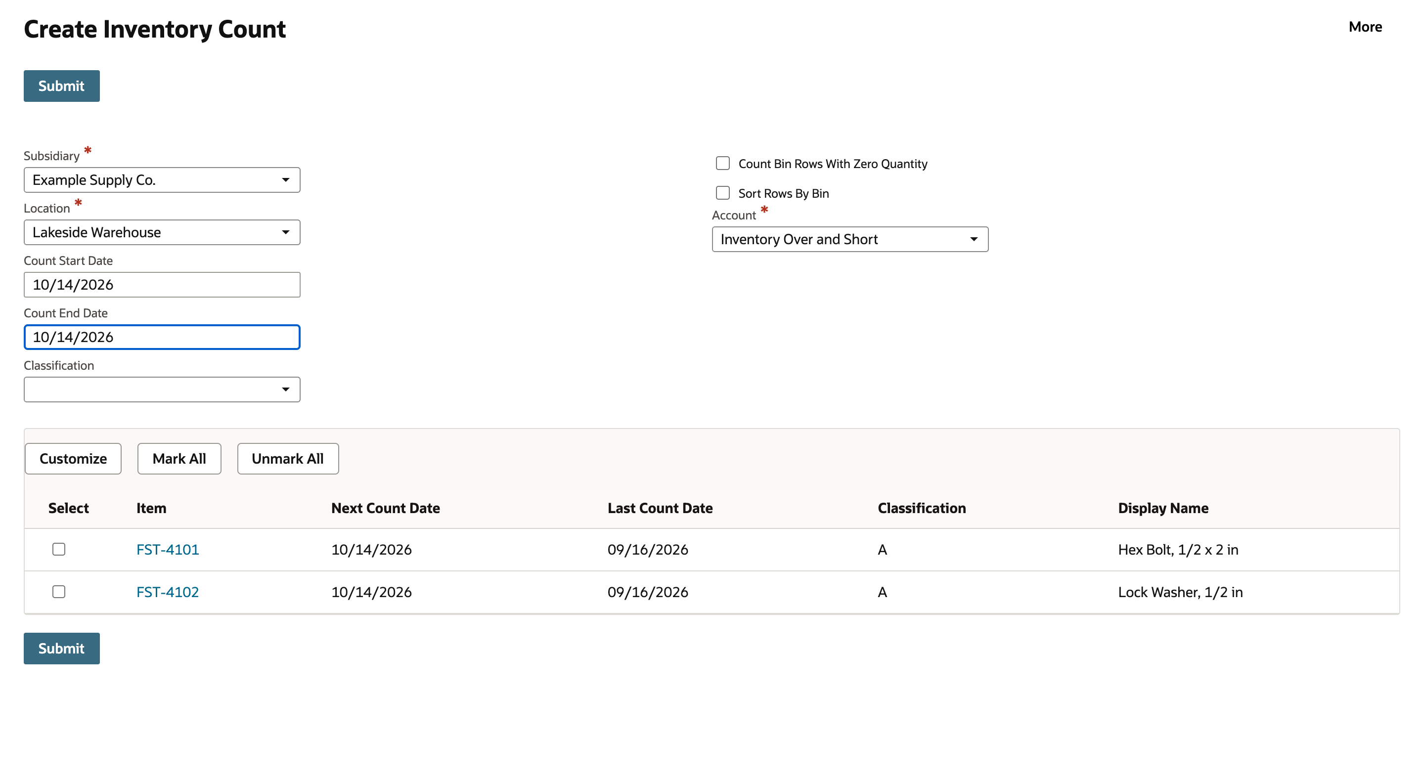 NetSuite Create Inventory Count for Lakeside Warehouse with both count dates set to 10/14/2026, two items listed and a Display Name column