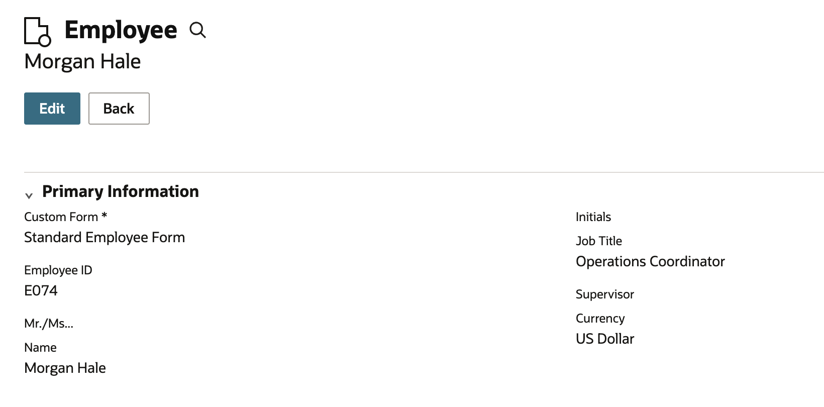 Running the single-match search opens Morgan Hale’s employee record directly.
