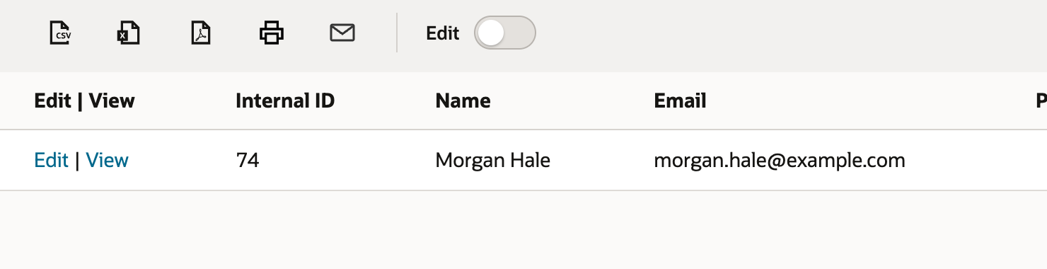 The results grid contains one row for Morgan Hale, employee internal ID 74.