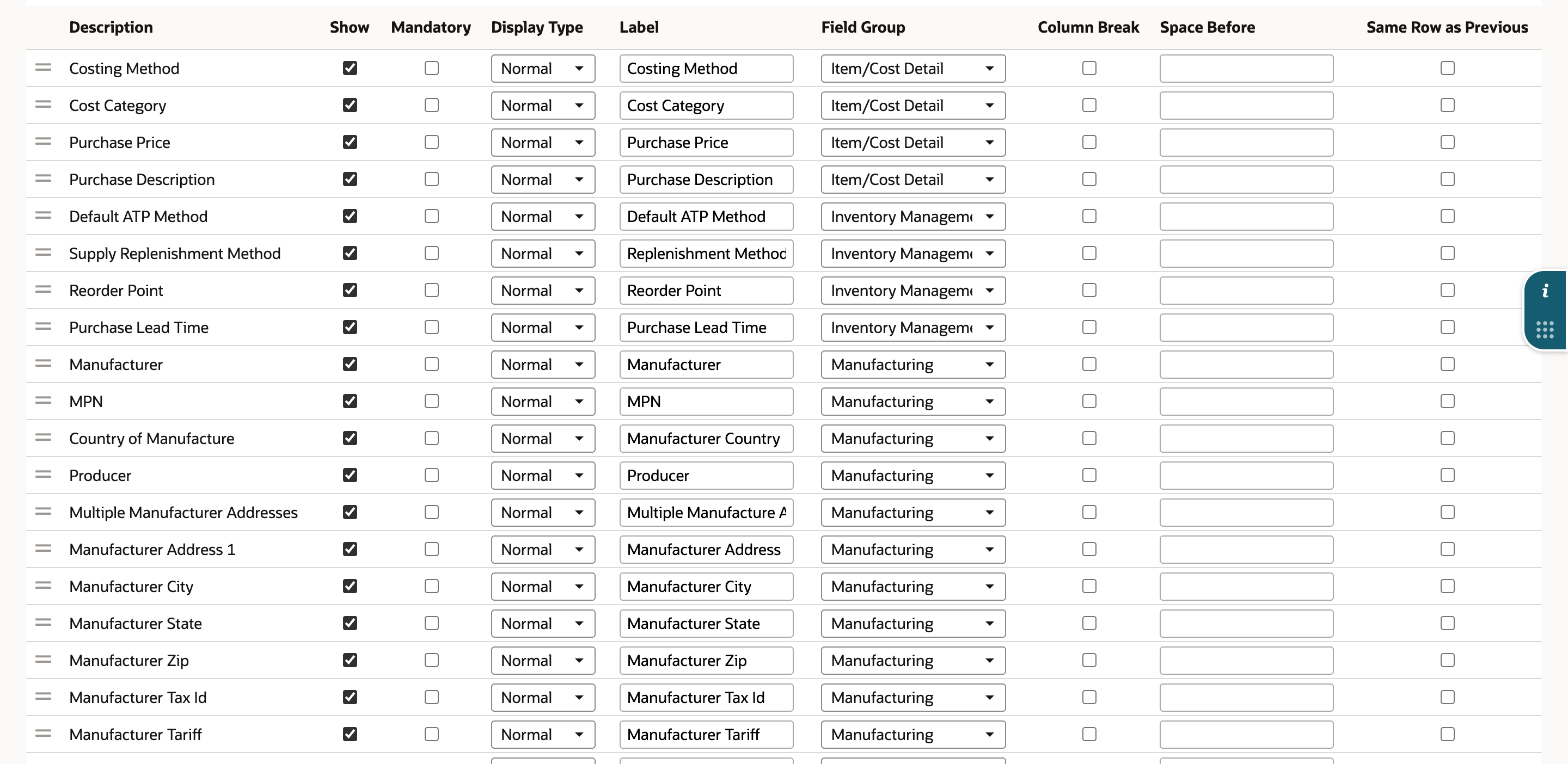 Custom Entry Form, Fields subtab, Purchasing/Inventory list. Rows from Manufacturer down to Manufacturer Tariff are in field group Manufacturing, each with Show checked and Display Type Normal, including Producer, Multiple Manufacturer Addresses, Manufacturer Address 1, Manufacturer City, Manufacturer State, Manufacturer Zip and Manufacturer Tax Id.