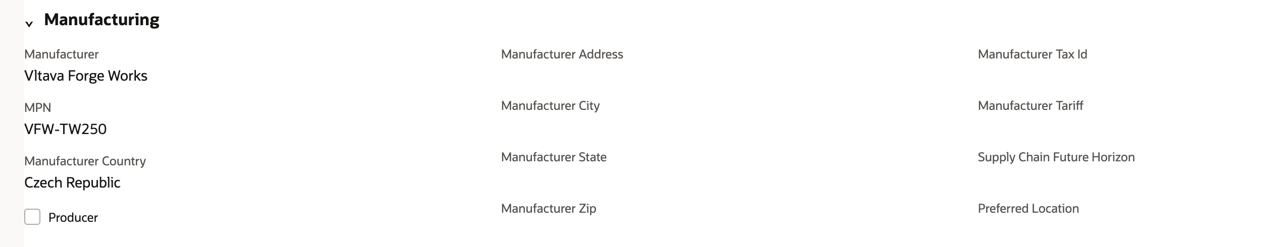 Manufacturing group of Torque Wrench TW-250 after International Shipping is on: Manufacturer, MPN and Manufacturer Country as before, plus a Producer checkbox and empty Manufacturer Address, Manufacturer City, Manufacturer State, Manufacturer Zip, Manufacturer Tax Id and Manufacturer Tariff fields.