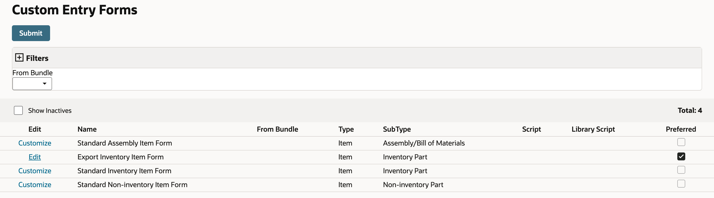 Custom Entry Forms list with four item forms. Export Inventory Item Form, type Item, subtype Inventory Part, has an Edit link and the Preferred box checked. The other three are standard forms with Customize links. An arrow points to Export Inventory Item Form.