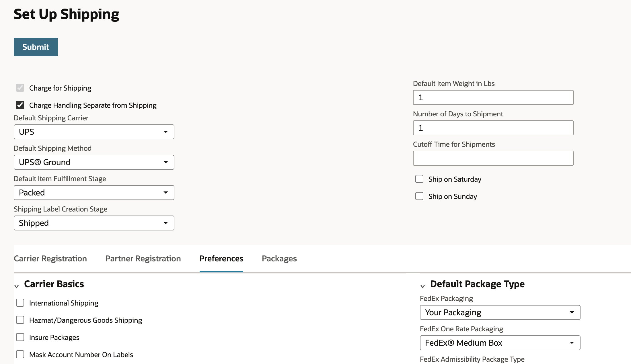 Set Up Shipping page with Submit at the top, general shipping defaults, and the Preferences subtab open. Under Carrier Basics, International Shipping, Hazmat/Dangerous Goods Shipping, Insure Packages and Mask Account Number On Labels are all cleared. An arrow points to International Shipping.