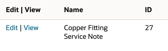 The saved comparison still contains one Copper Fitting Service Note record, ID 27. Enlarge to inspect both result columns.