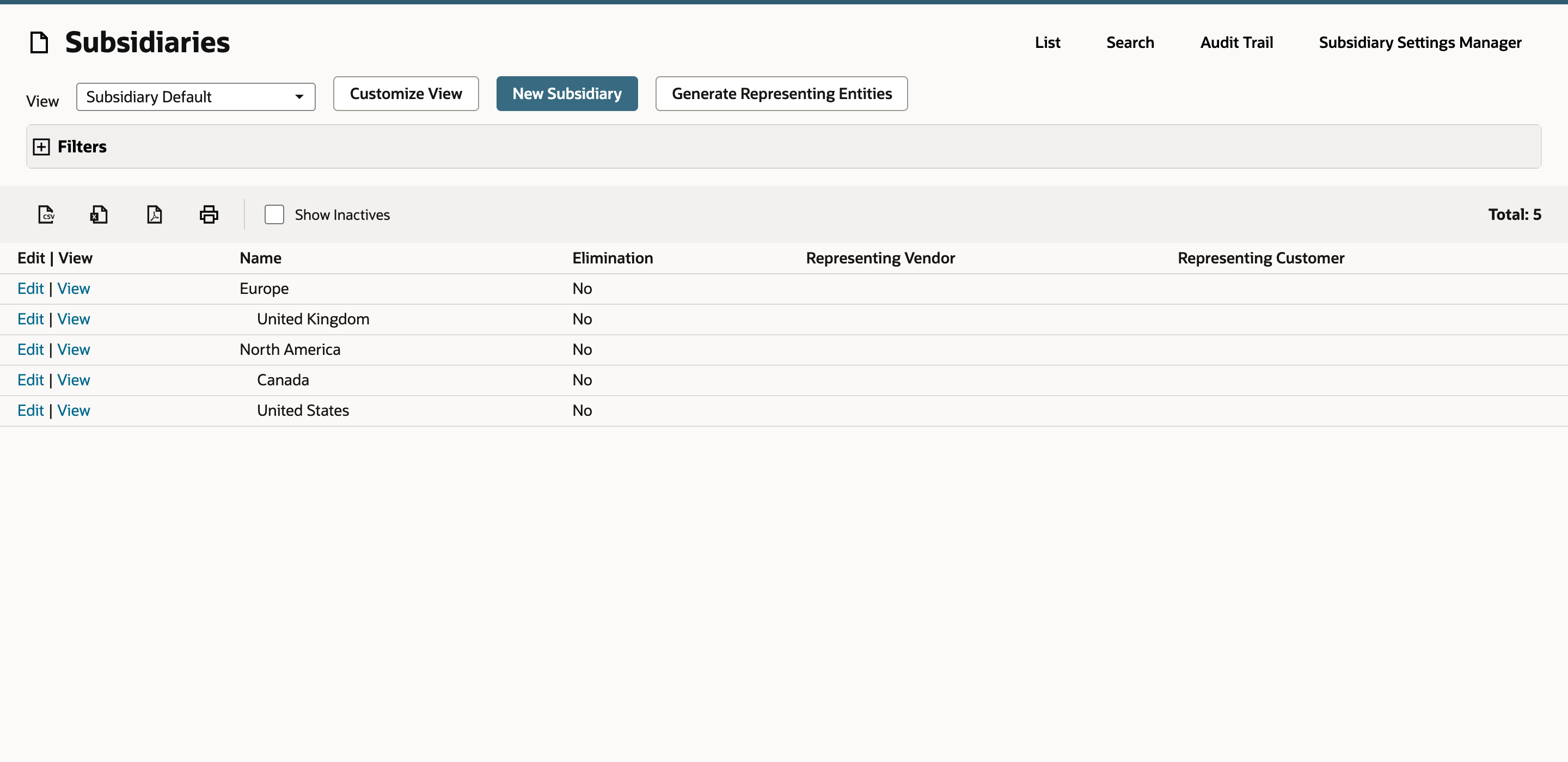 The Subsidiaries list contains North America, Canada, United States, Europe, and United Kingdom.