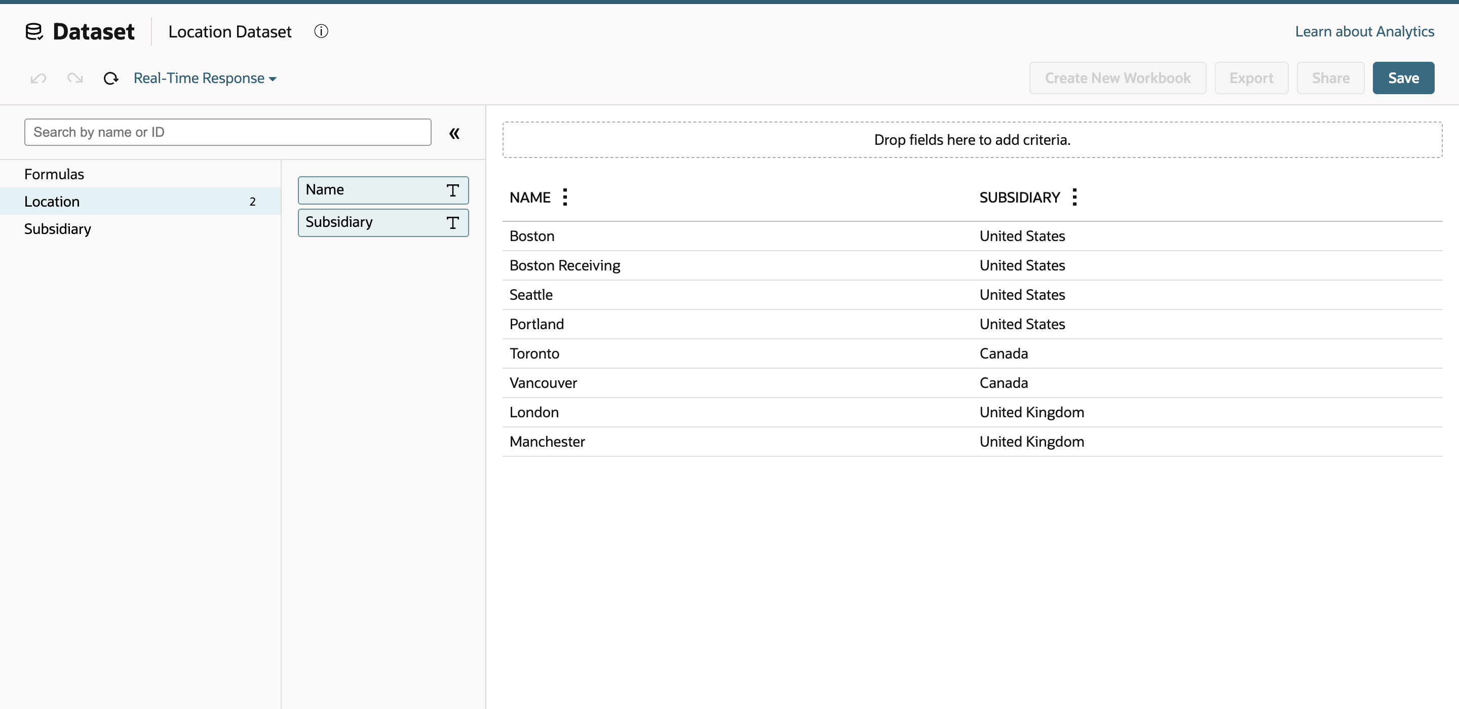 Location dataset initially shows Name and Subsidiary columns for eight location rows.