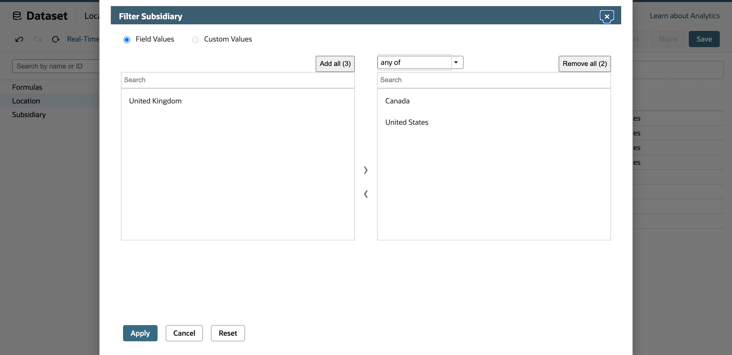 The Location dataset's Subsidiary filter is being configured for Canada and United States.