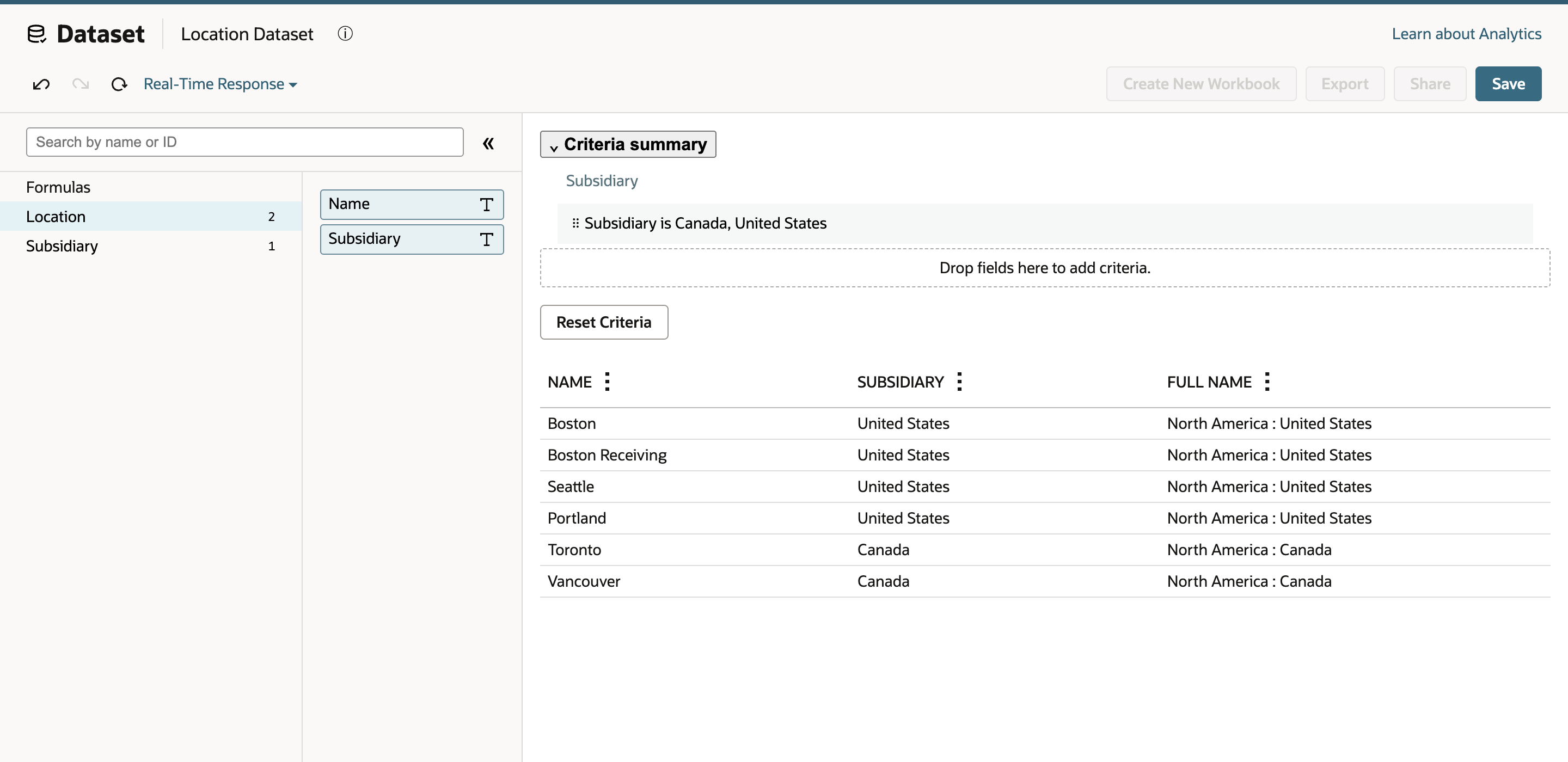 The criteria summary selects Canada and United States, and the grid retains only matching locations with Full Name paths.