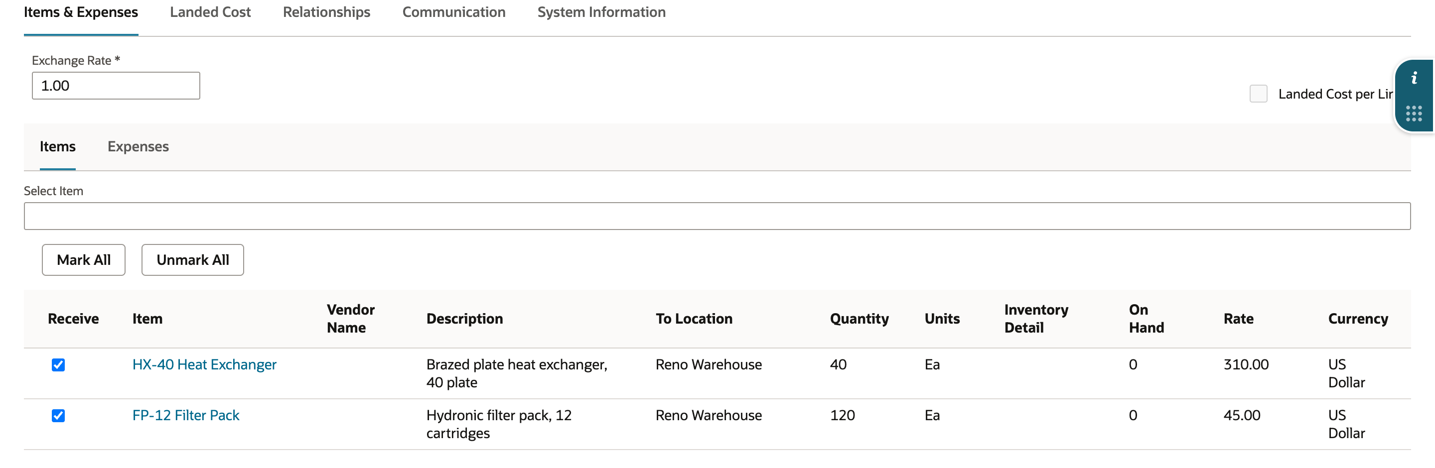 New item receipt from Purchase Order #PO1874, Items & Expenses subtab: Landed Cost per Line unchecked, and two checked lines, HX-40 Heat Exchanger 40 at 310.00 and FP-12 Filter Pack 120 at 45.00, both To Location Reno Warehouse.