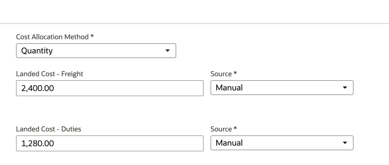 Landed Cost subtab: Cost Allocation Method Quantity, Landed Cost - Freight 2,400.00 with Source Manual, Landed Cost - Duties 1,280.00 with Source Manual.