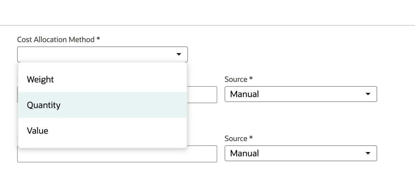 The Landed Cost subtab with the Cost Allocation Method list open, showing Weight, Quantity and Value, with Quantity highlighted.