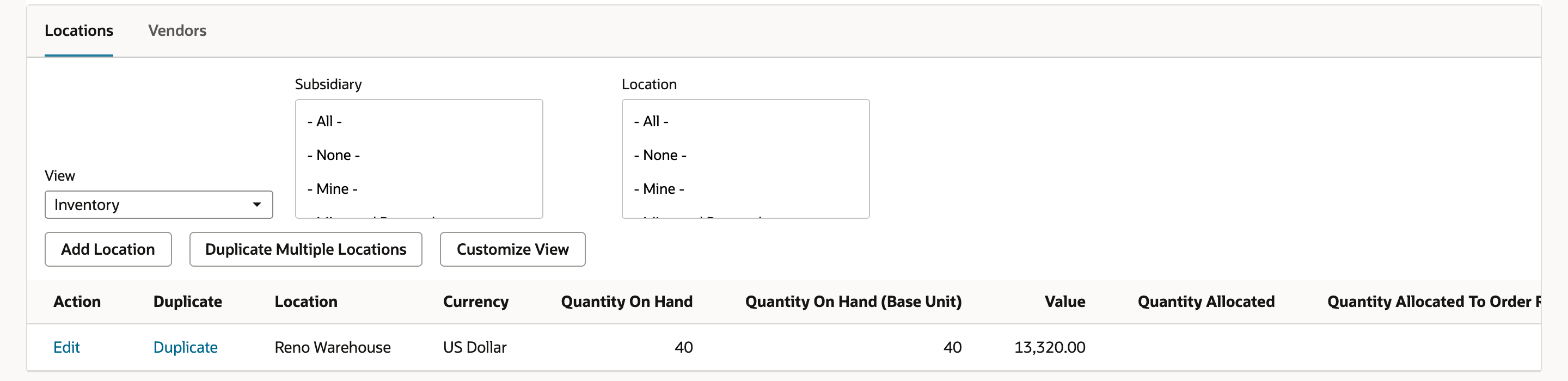 The Locations list of HX-40 Heat Exchanger in the Inventory view: Reno Warehouse, US Dollar, Quantity On Hand 40 and Value 13,320.00. An arrow points to Value 13,320.00.