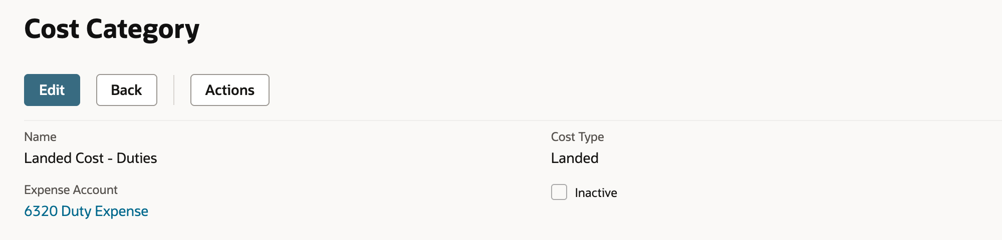 Cost Category record Landed Cost - Duties with Expense Account 6320 Duty Expense and Cost Type Landed.