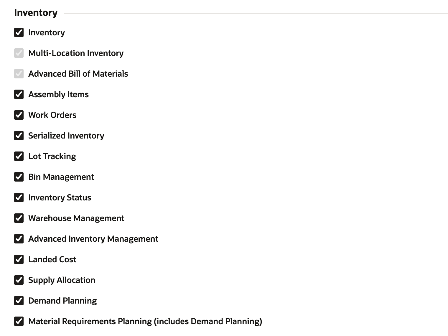 Enable Features, Items & Inventory subtab, Inventory group: Inventory, Multi-Location Inventory, Lot Tracking and other features, with Landed Cost checked. An arrow points to Landed Cost.