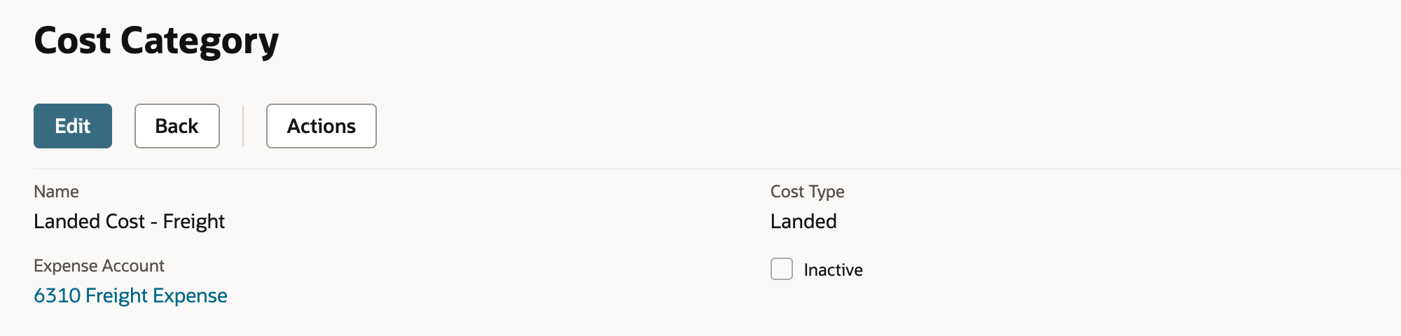 Cost Category record Landed Cost - Freight with Expense Account 6310 Freight Expense, Cost Type Landed and Inactive unchecked.
