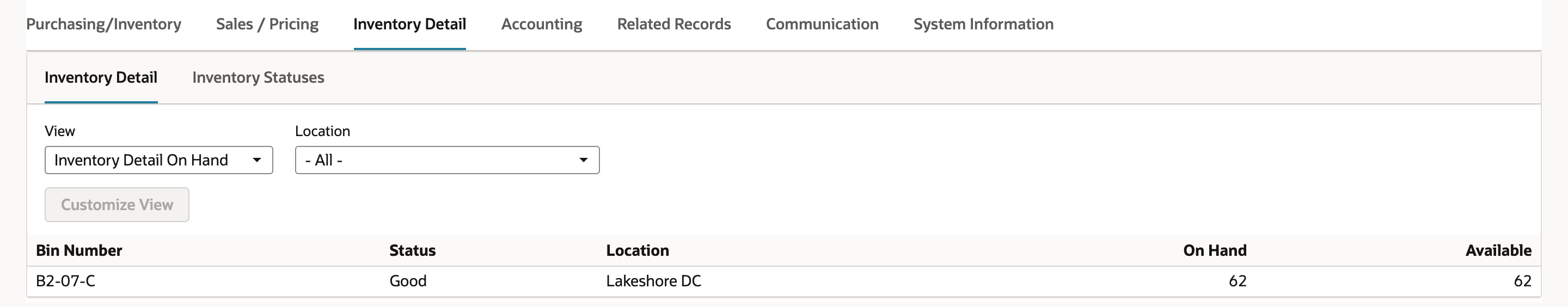 Inventory Detail subtab of item HCN-4410 with one row: bin B2-07-C, status Good, location Lakeshore DC, On Hand 62, Available 62