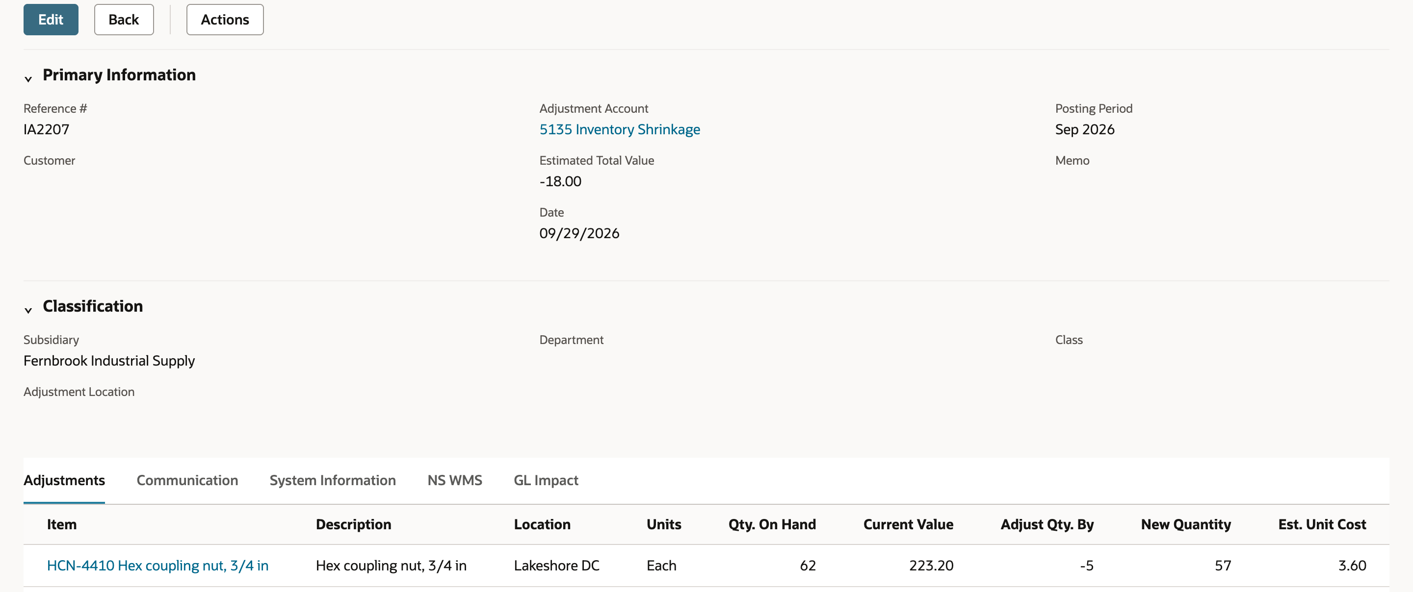 Inventory Adjustment IA2207 with Adjustment Account 5135 Inventory Shrinkage, Estimated Total Value -18.00, Date 09/29/2026, and an Adjustments line for HCN-4410 at Lakeshore DC with Qty. On Hand 62, Adjust Qty. By -5 and New Quantity 57