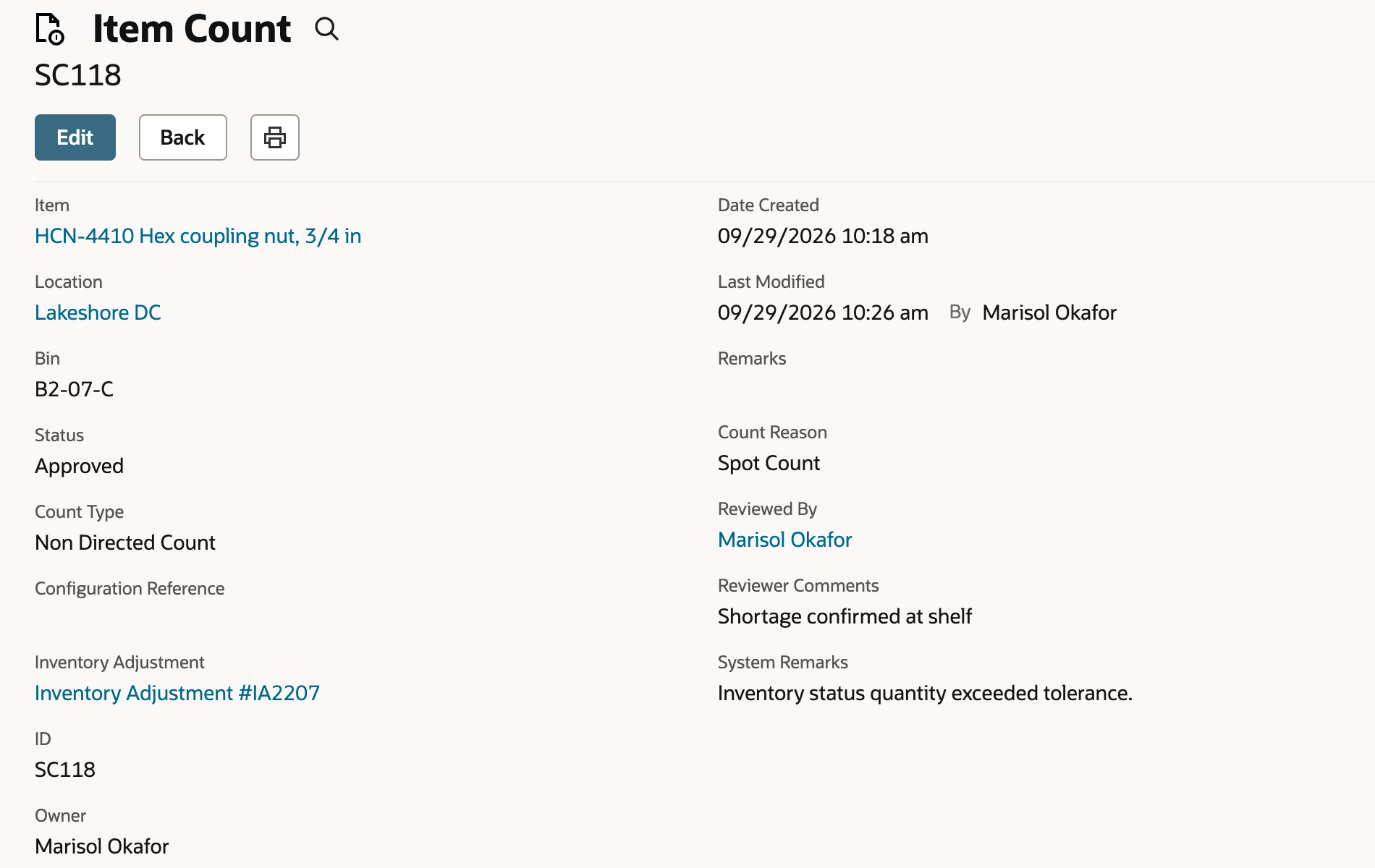 Item Count SC118 for HCN-4410 in bin B2-07-C with Status Approved, Count Type Non Directed Count, Count Reason Spot Count, Reviewed By Marisol Okafor, Reviewer Comments Shortage confirmed at shelf and an Inventory Adjustment #IA2207 link