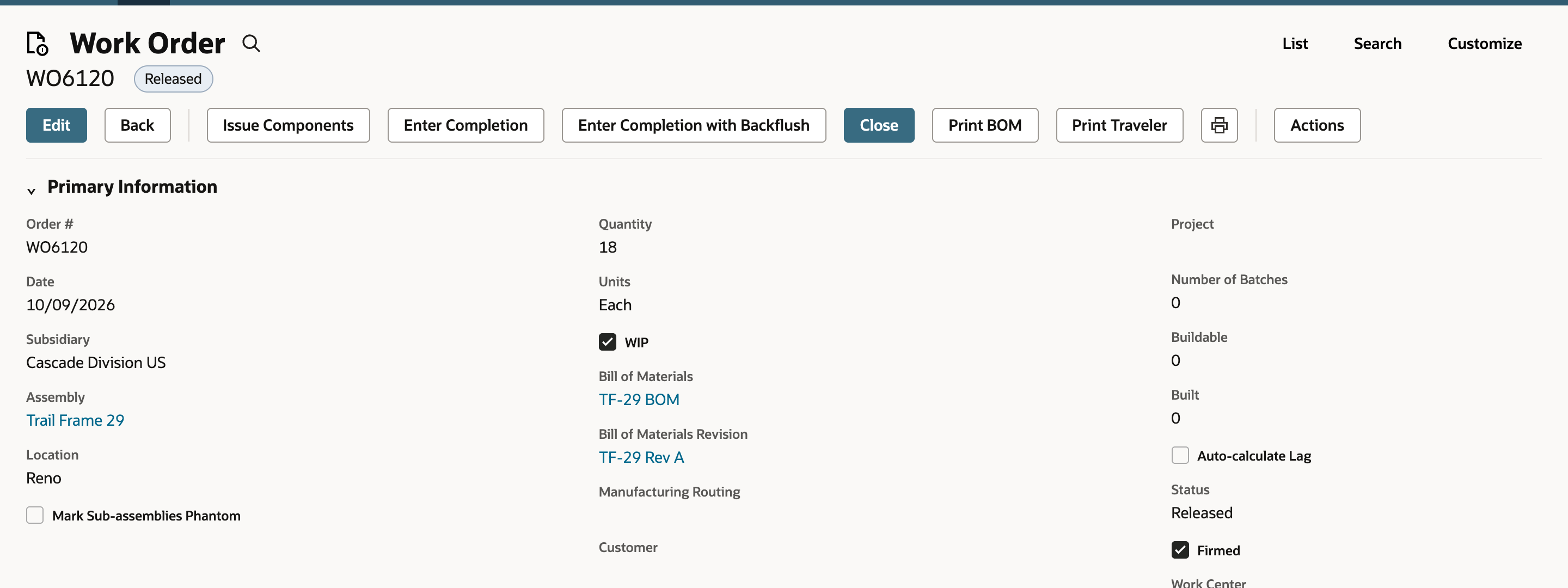 Work order WO6120 with a Released status, quantity 18 and built 0.