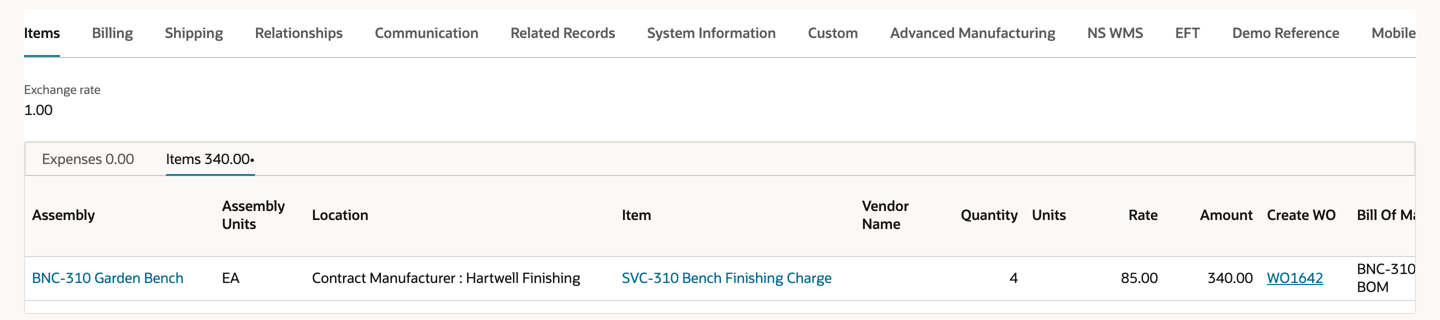 The saved purchase order line shows BNC-310 Garden Bench, Quantity 4, Rate 85.00, Amount 340.00 and WO1642 as a link in the Create WO column.