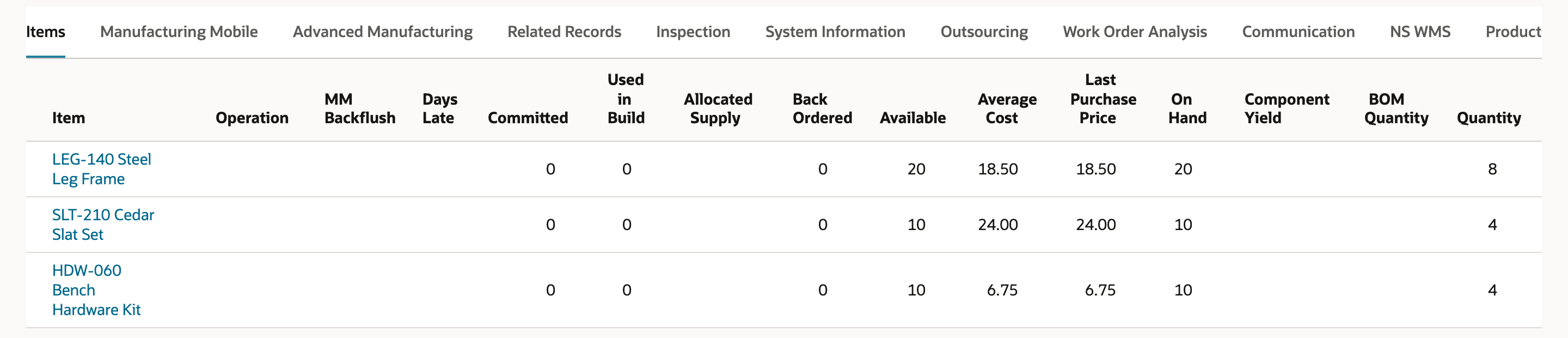 The Items subtab of work order WO1642 lists LEG-140 Steel Leg Frame quantity 8, SLT-210 Cedar Slat Set quantity 4 and HDW-060 Bench Hardware Kit quantity 4, with Committed 0 on each.