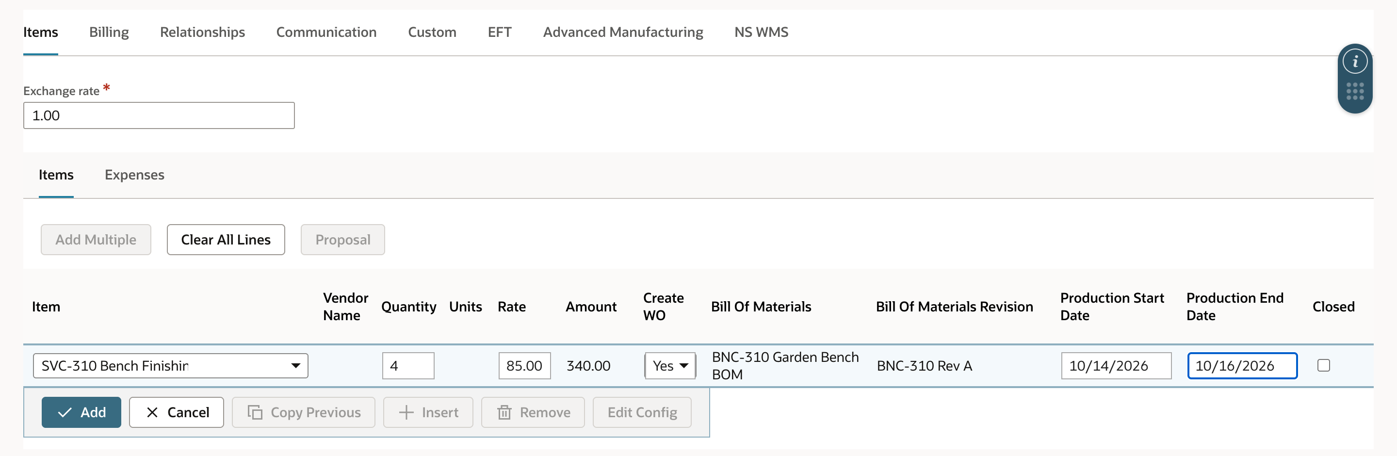 The line shows Quantity 4, Rate 85.00, Amount 340.00, Create WO Yes, Production Start Date 10/14/2026 and Production End Date 10/16/2026.