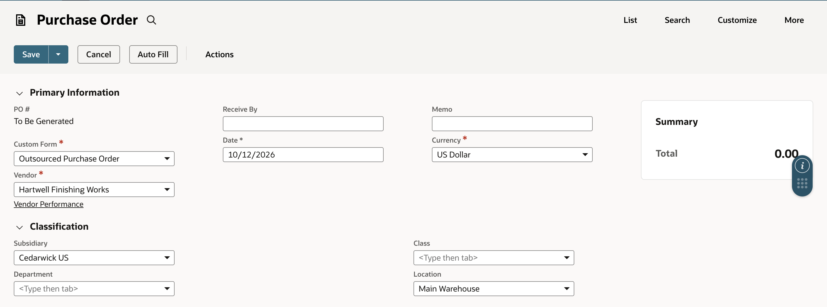 A new purchase order with Custom Form set to Outsourced Purchase Order and Vendor set to Hartwell Finishing Works, with the Classification section below.