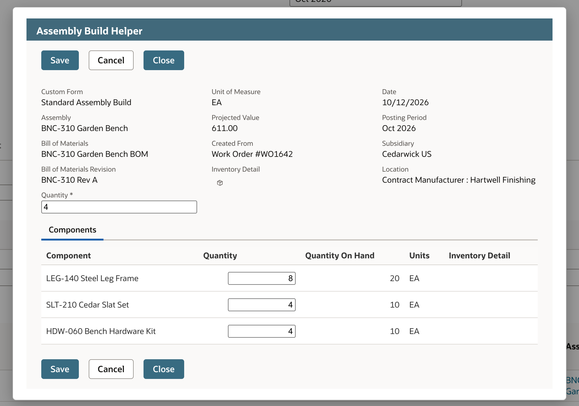 The Assembly Build Helper window shows Assembly BNC-310 Garden Bench, Projected Value 611.00, Created From Work Order #WO1642 and a Components list with quantities 8, 4 and 4 and quantities on hand 20, 10 and 10.